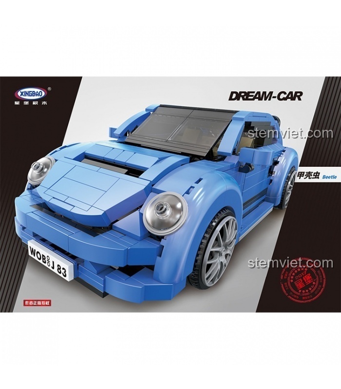 Hộp sản phẩm đồ chơi xây dựng Xe hơi Beetle màu xanh XB-03015, với hình ảnh xe và logo Xingbao.