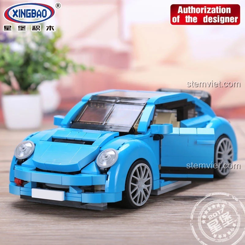 Mô hình xe Volkswagen Beetle XB-03015 sau khi lắp ráp, màu xanh lơ tuyệt đẹp, một lựa chọn thay thế LEGO® chất lượng.
