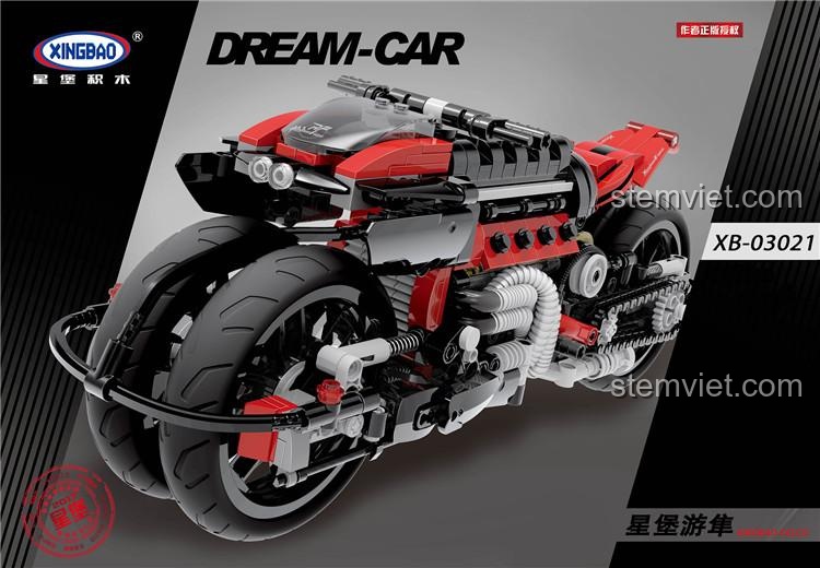 Hộp sản phẩm bộ lắp ráp Xingbao XB-03021, món quà giá tốt cho bé trai yêu thích xe mô tô và kỹ thuật.