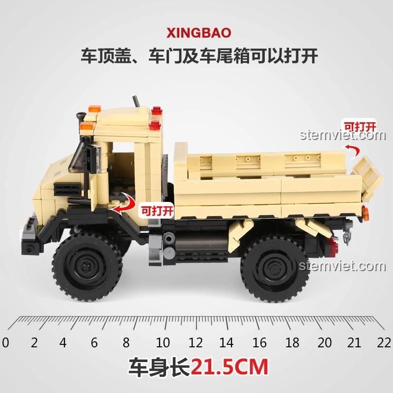 Kích thước thực tế của đồ chơi lắp ghép Xe tải off-road Xingbao 3026, chiều dài thân xe 21.5cm.