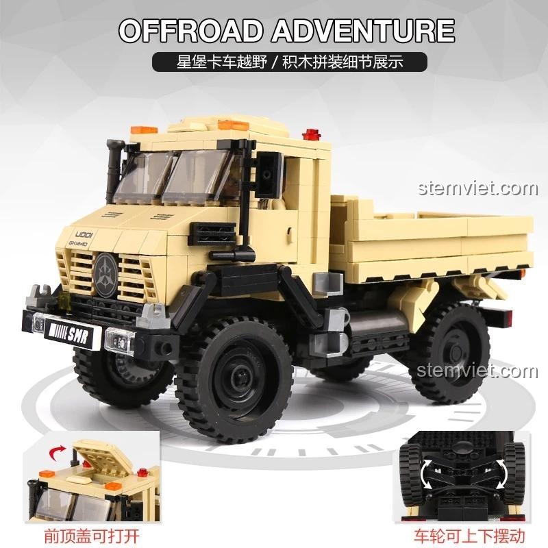 Chi tiết tính năng của bộ xếp hình Vua địa hình Unimog 03026: nắp capo mở được và hệ thống treo bánh xe linh hoạt.