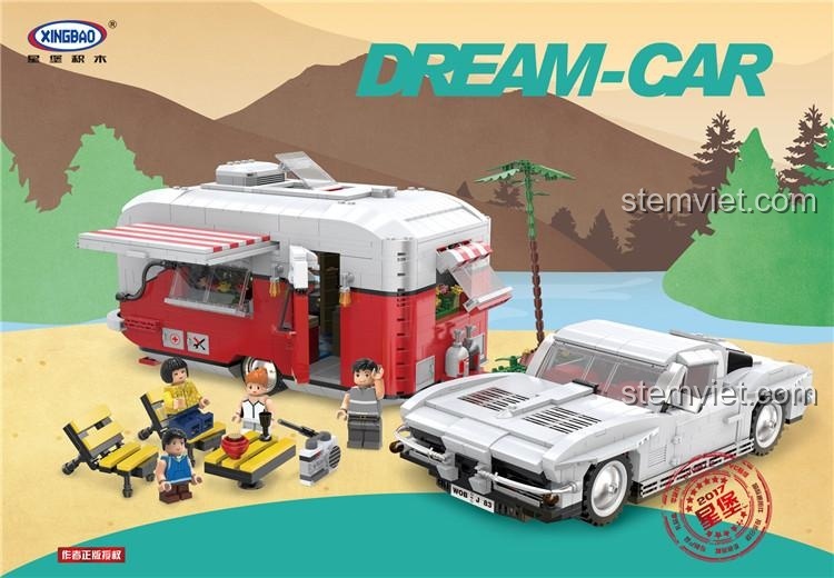 Ảnh hộp đồ chơi mô hình Xingbao XB-08003, mô tả cảnh gia đình cắm trại bên xe hơi cổ điển và nhà moóc.