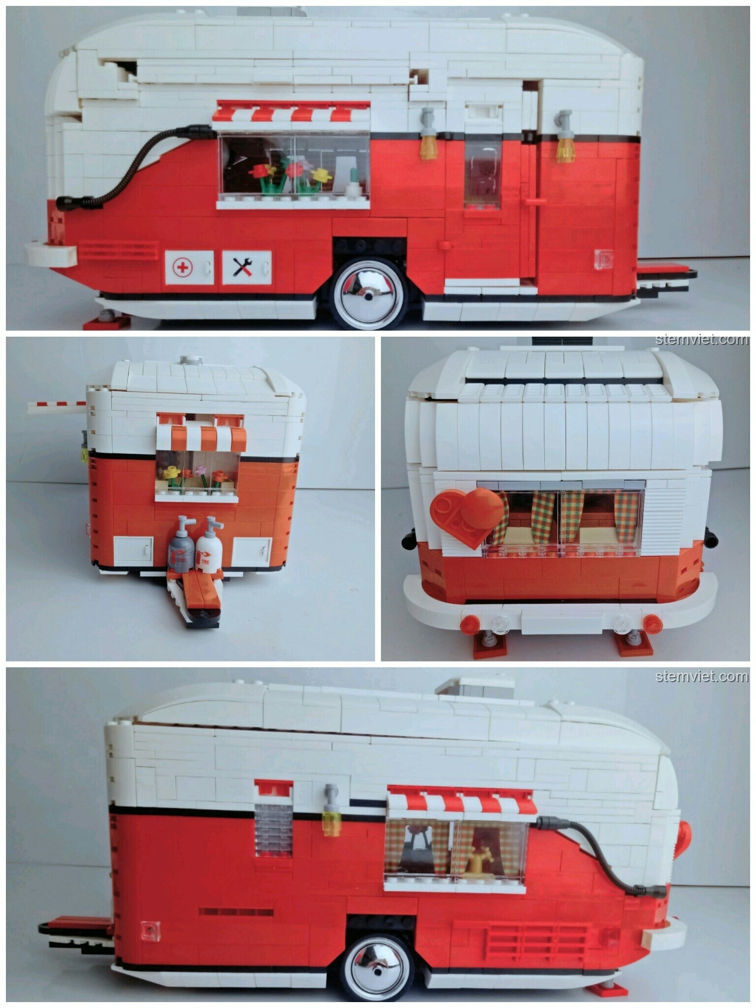 Mô hình xe hơi cổ điển và nhà moóc cắm trại được đặt cạnh nhau, sẵn sàng cho một chuyến đi.