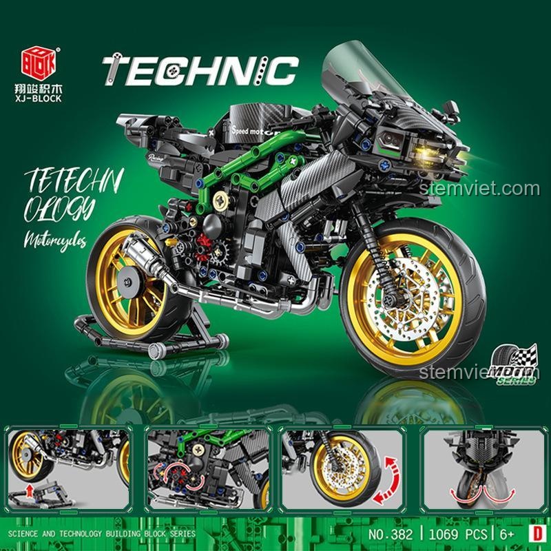 Đồ chơi lắp ráp Mô tô Kawasaki Ninja H2R Xingjun XJ-382D với logo Technic, thể hiện kỹ thuật tinh xảo, món quà đáng tiền cho bé trai.