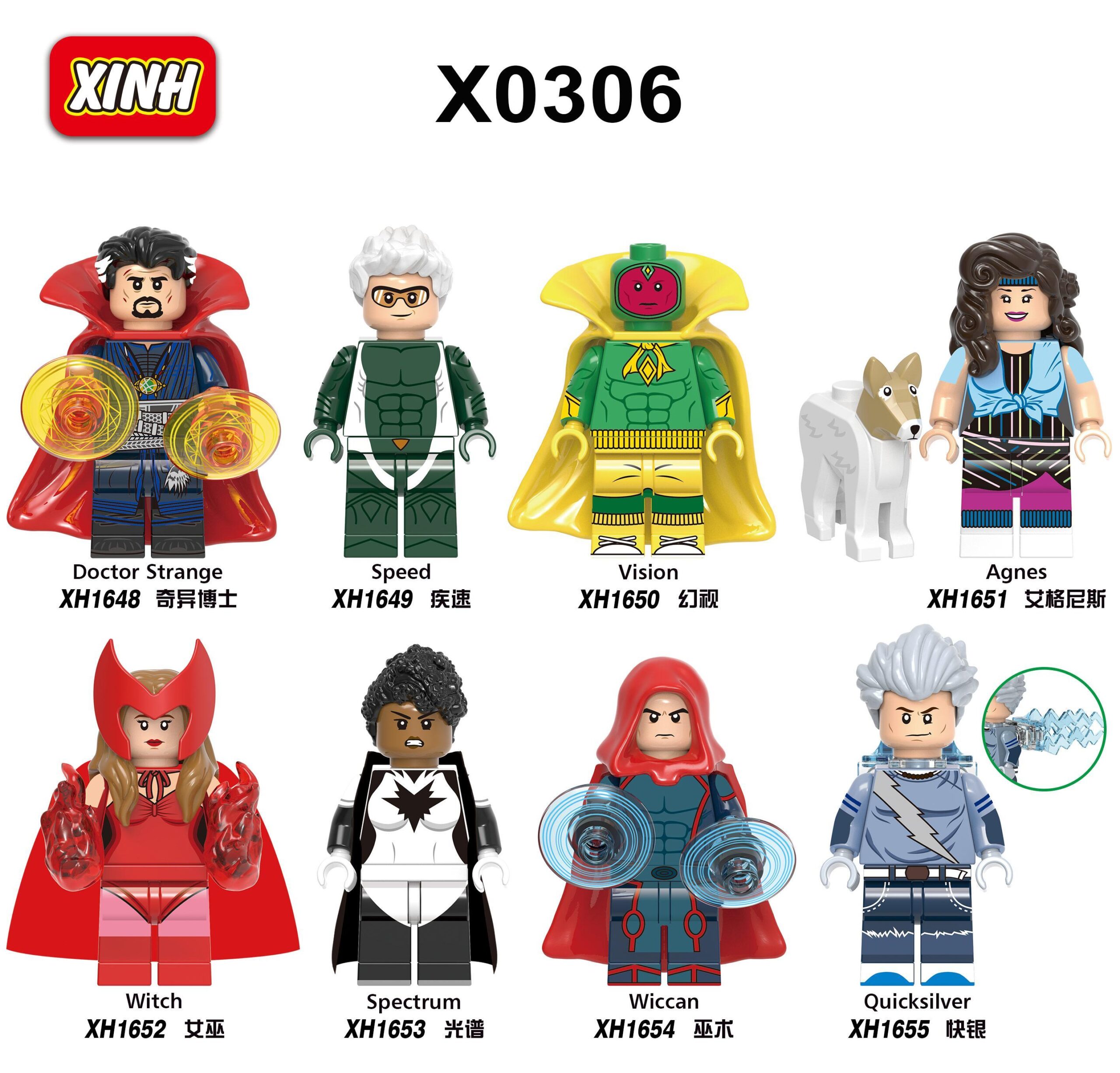 Bộ đồ chơi Minifigures WandaVision XINH X0306 giá tốt, bộ 8 minifigures Marvel cho bé trai 8 tuổi, chất lượng cao.