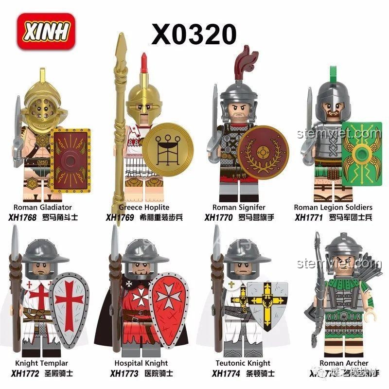 Bộ 8 minifigure lịch sử XINH X0316 gồm Lính La Mã, Chiến Binh Sparta, Hiệp sĩ dòng Đền cho bé trai 6 tuổi.