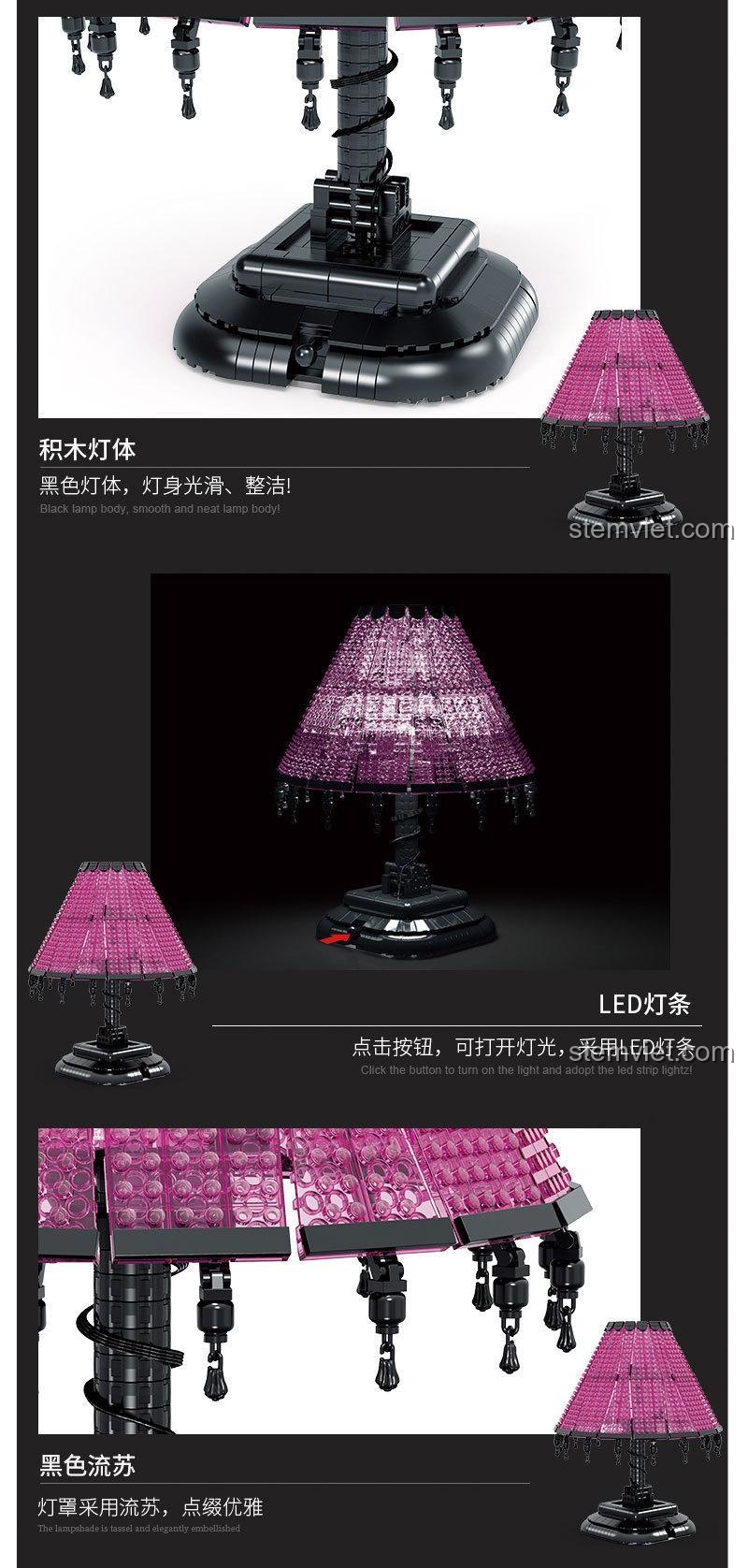 Chi tiết Đèn bàn lắp ráp XMORK 031021: thân đèn đen bóng, đèn LED sáng rực, tua rua đen trang nhã, mang lại không gian tinh tế.