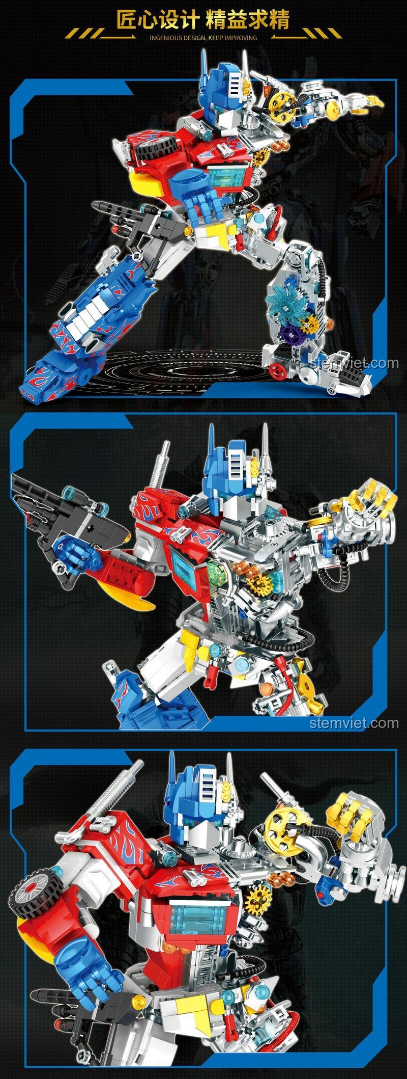 Các tư thế chiến đấu khác nhau của bộ xếp hình Thủ lĩnh Autobot Optimus Prime, thể hiện sự linh hoạt của các khớp nối.