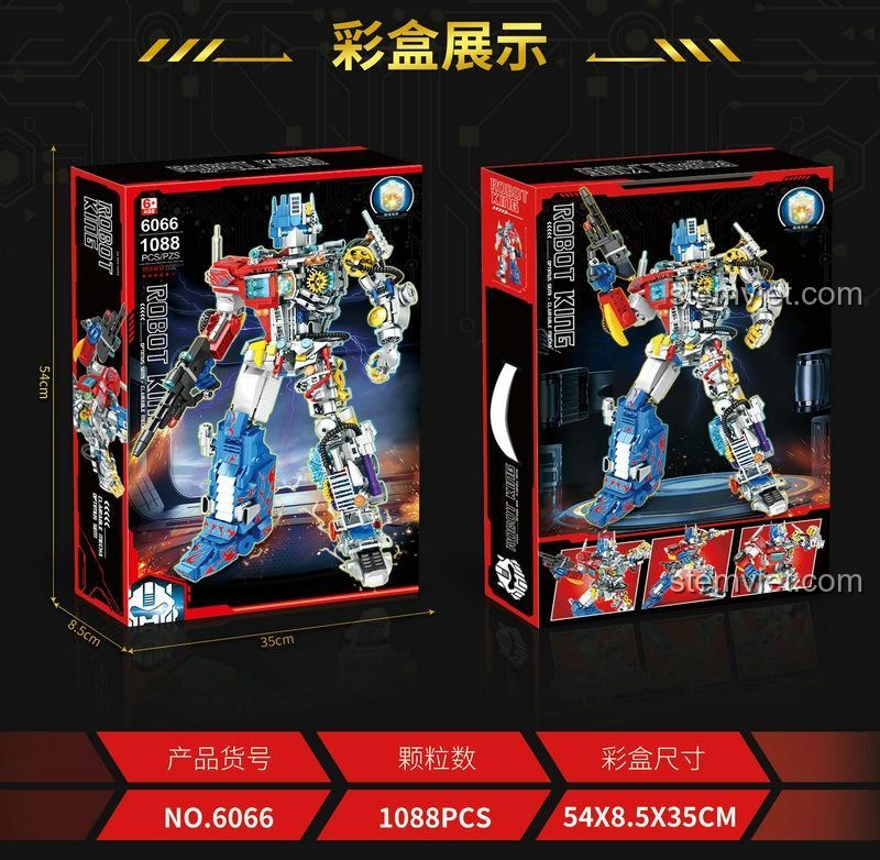 Thông số chi tiết trên hộp của bộ lắp ráp YMI 6066 Robot King Optimus Prime, bao gồm mã sản phẩm, số chi tiết và kích thước hộp.