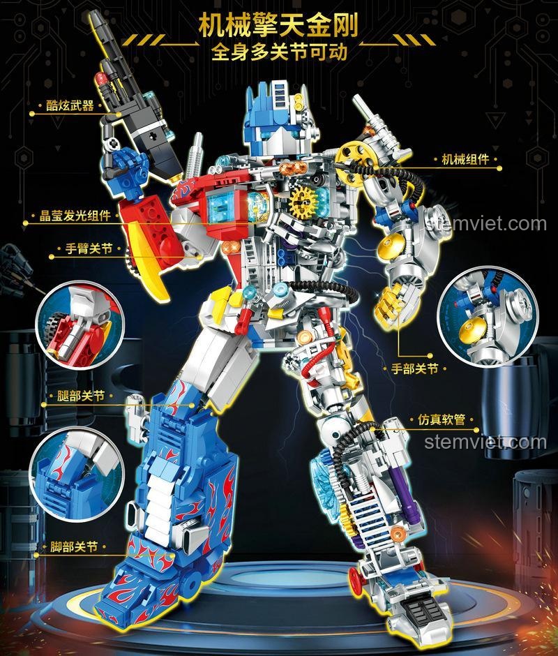 Chi tiết các tính năng của đồ chơi lắp ghép Optimus Prime Lộ Nội Thất, bao gồm đèn led, khớp nối và vũ khí.