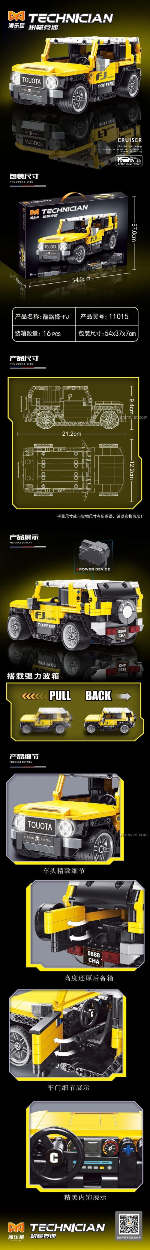 Đồ chơi lắp ráp Yong Le Xing 11015 Xe Toyota Land Cruiser FJ Hồi Lực với động cơ kéo lùi, kích thước hộp và mô hình chi tiết, bộ đồ chơi cho bé trai 6 tuổi
