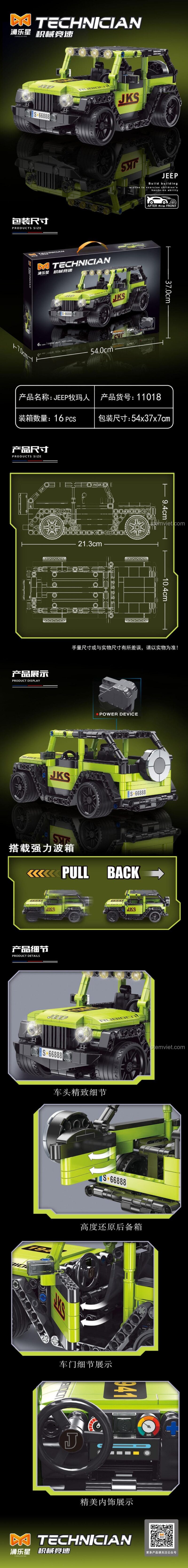 Hộp đồ chơi lắp ráp Yong Le Xing 11018 Xe Jeep Wrangler với kích thước chi tiết, thể hiện động cơ kéo lùi và 435 chi tiết, phù hợp cho bé trai khám phá.