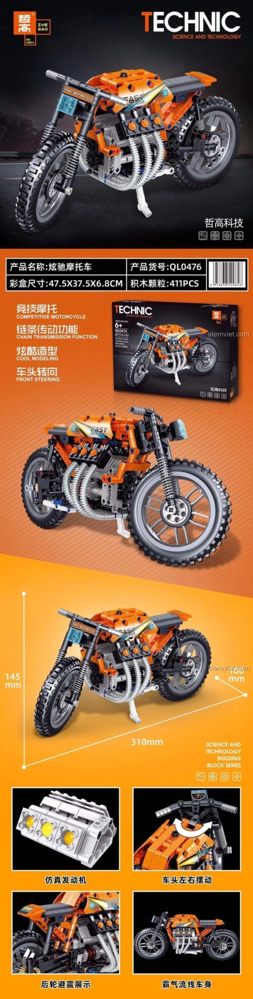 Chi tiết và tính năng của đồ chơi lắp ráp Xe máy phân khối lớn QL 0476, với kích thước và các bộ phận cơ khí.