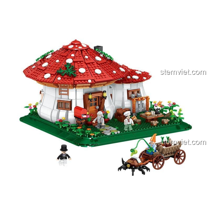 Các nhân vật minifigure và xe kéo tách rời khỏi bộ xếp hình Mô hình Nhà Nấm ZHEGAO.