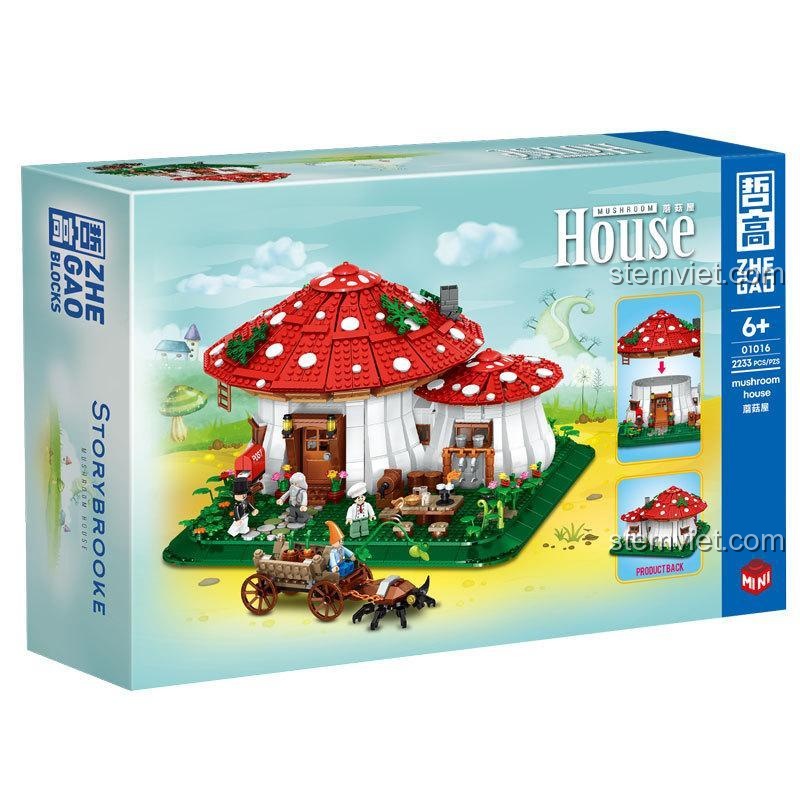 Thông tin chi tiết của đồ chơi mô hình Nhà Nấm Cổ Tích 01016 với 2233 mảnh ghép, kích thước và các chi tiết bên trong.