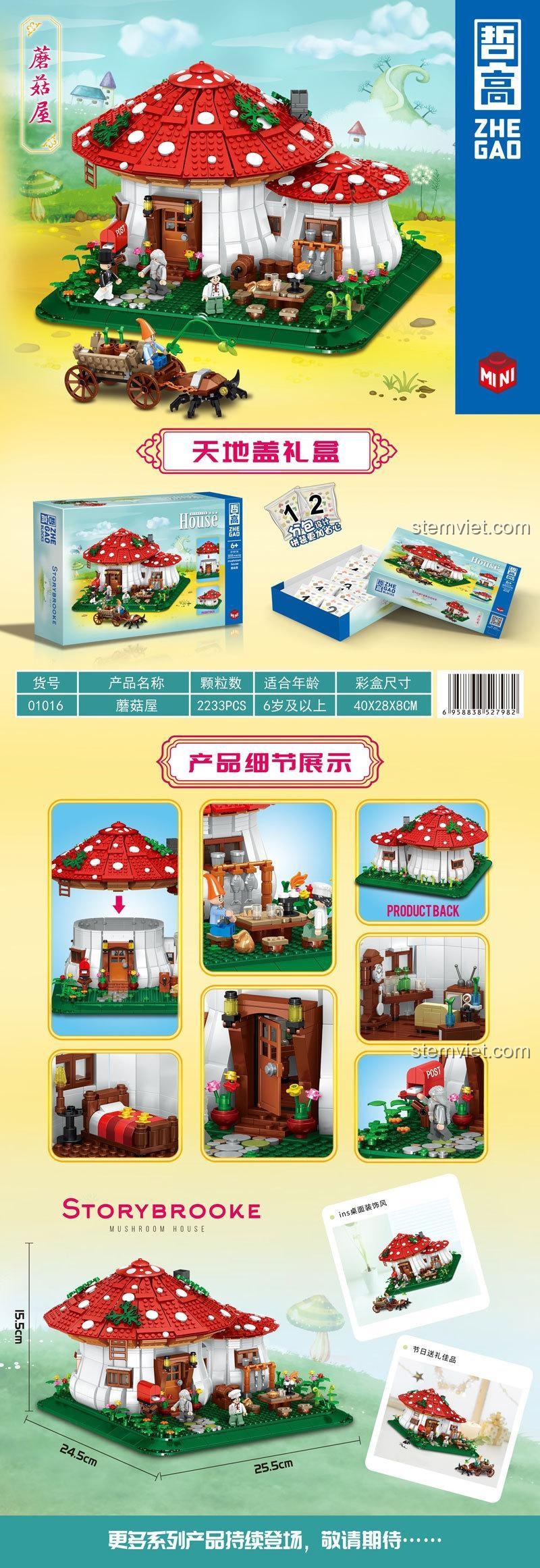 Toàn cảnh bộ lắp ghép Ngôi Nhà Nấm ZHEGAO 01016 sau khi hoàn thành, với các nhân vật và xe kéo bọ cánh cứng.