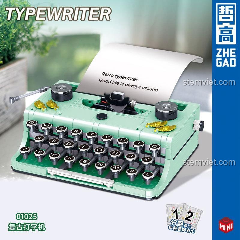 Mô hình đồ chơi lắp ghép ZHEGAO 01025 Máy đánh chữ cổ điển, chi tiết tinh xảo, màu xanh lá và đen, phù hợp bé 6 tuổi, đáng tiền