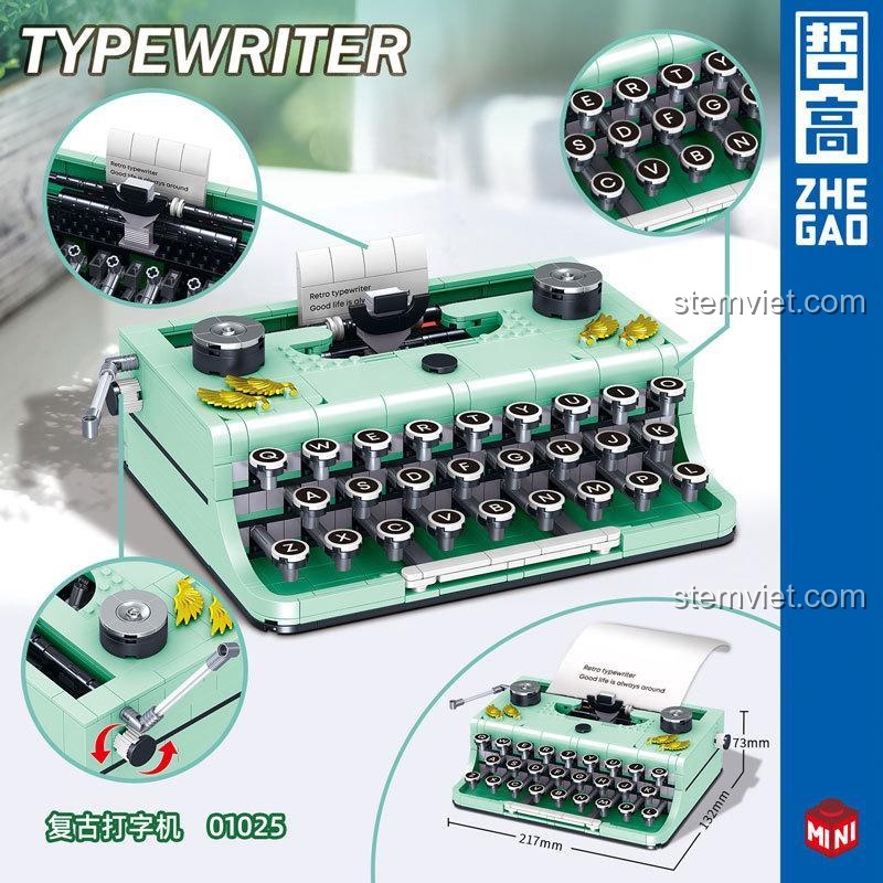 Ảnh thể hiện kích thước mô hình ZHEGAO 01025 Máy đánh chữ cổ điển (21.7x13.2x7.3 cm), đồ chơi xây dựng chất lượng cao cho bé trai và bé gái