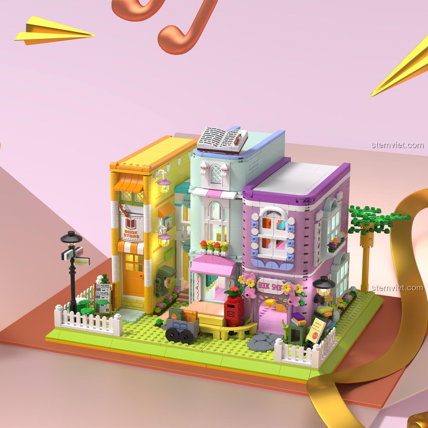 Đồ chơi xây dựng Kiến trúc Đường phố ZHEGAO 612023, mô hình Cửa hàng Cà phê và Hiệu sách với chi tiết tinh xảo, màu sắc tươi sáng.