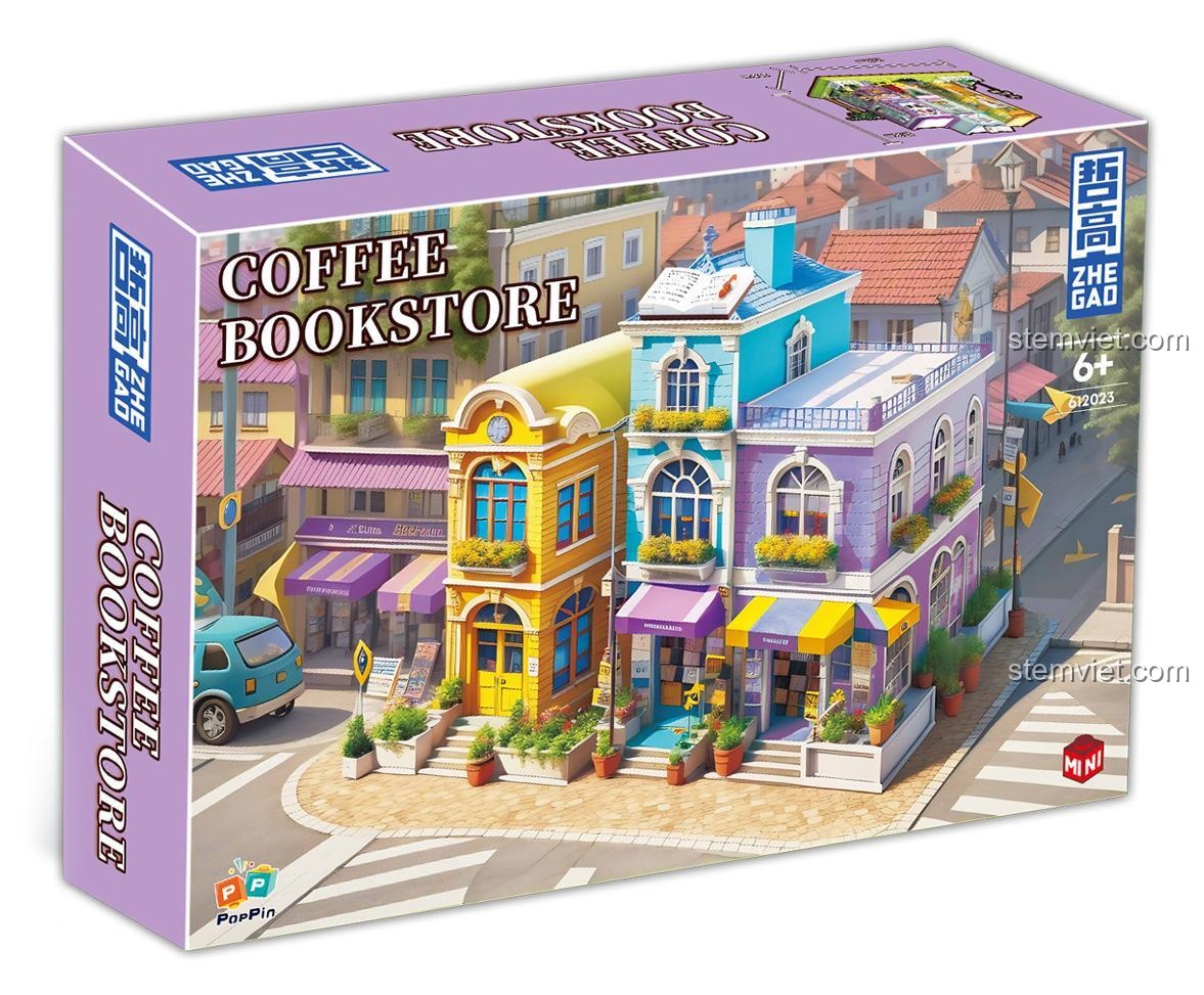 Hộp đồ chơi ZHEGAO 612023 Cửa hàng Cà phê và Hiệu sách, 1699 mảnh ghép, kích thước hộp 40x28x8cm, chất liệu nhựa an toàn.