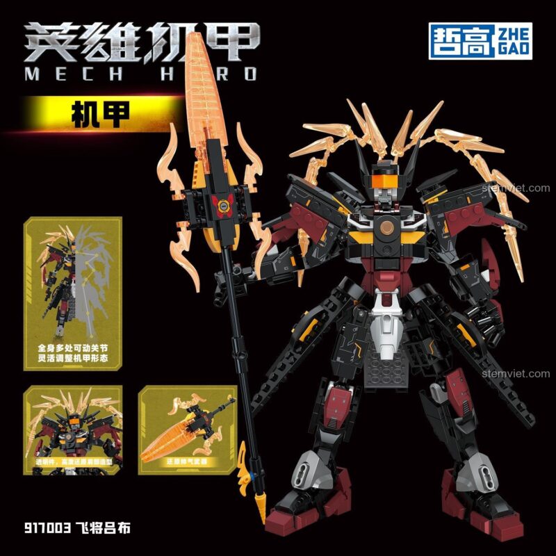 Chi tiết mô hình Robot Lữ Bố từ bộ đồ chơi mô hình ZHEGAO 917003, với vũ khí giáo dài và khớp nối linh hoạt.