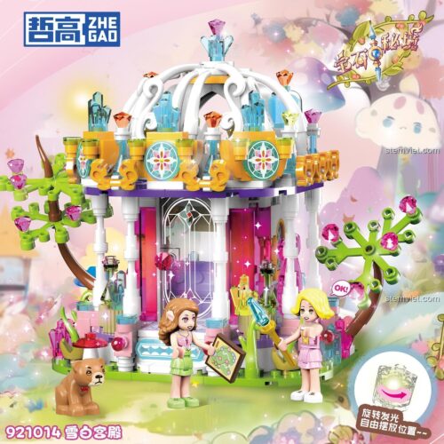 Mô hình hoàn thiện của đồ chơi xếp hình ZHEGAO 921014 Lâu đài pha lê với 2 minifigures và gạch phát sáng.