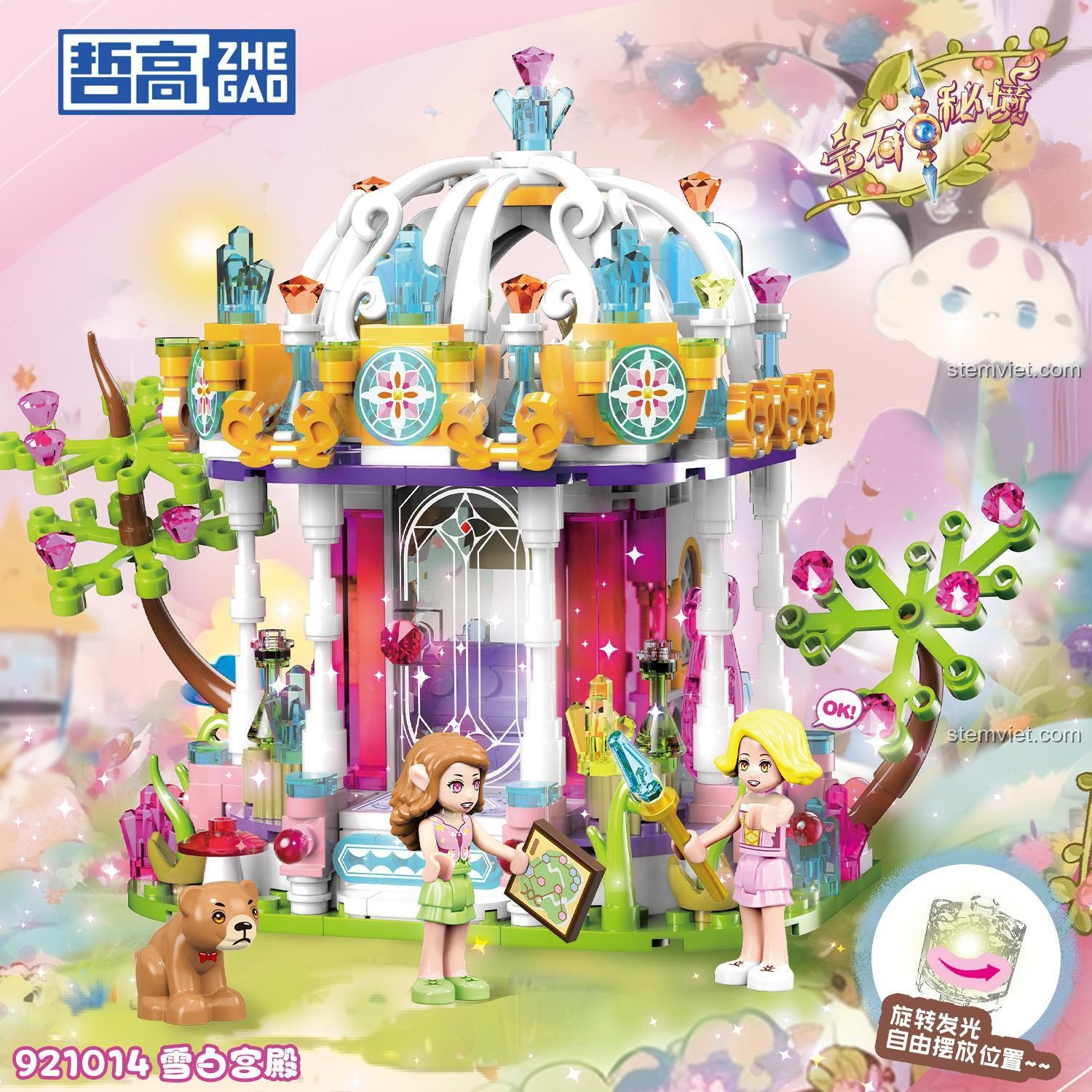 Mô hình hoàn thiện của đồ chơi xếp hình ZHEGAO 921014 Lâu đài pha lê với 2 minifigures và gạch phát sáng.