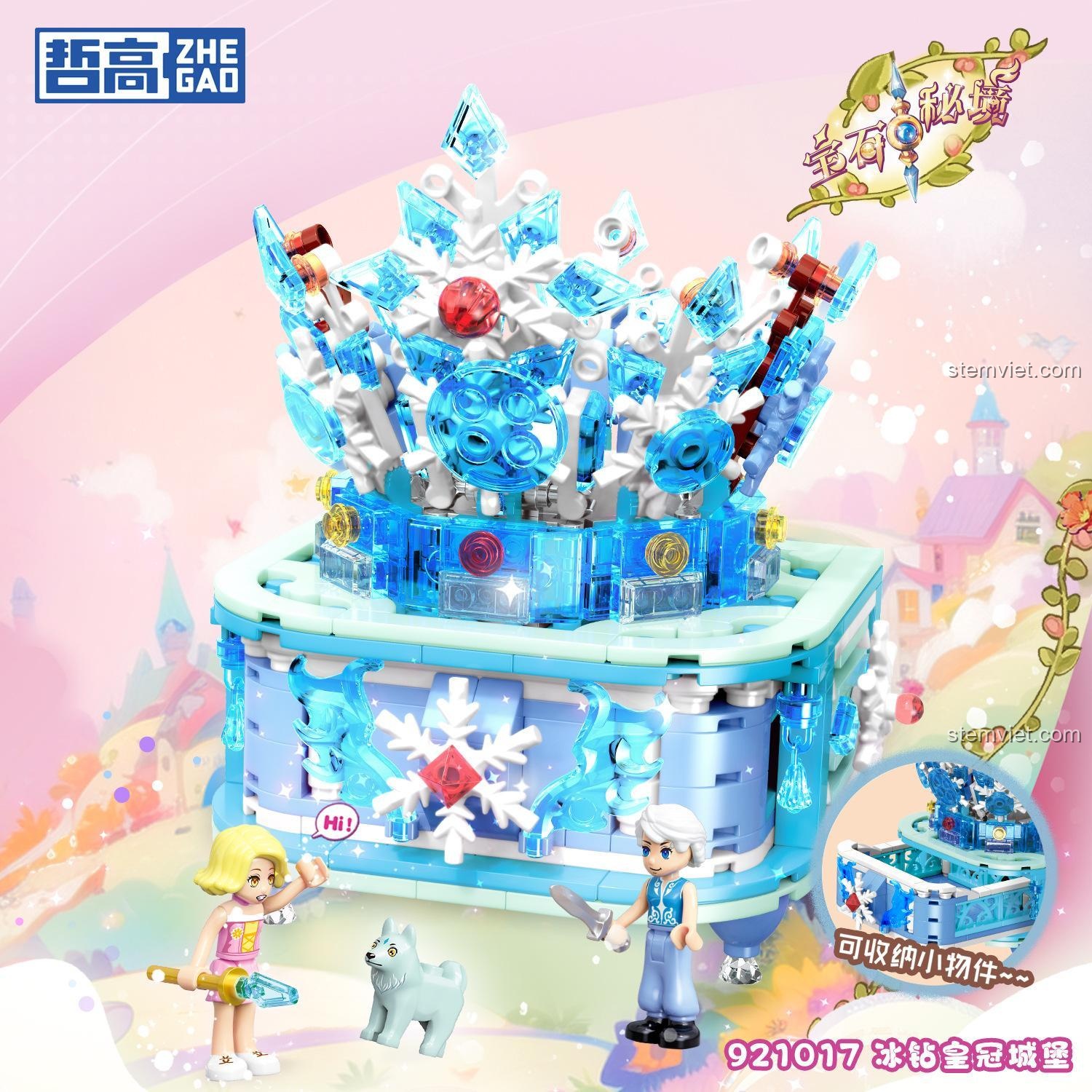 Mô hình Lâu Đài Vương Miện Băng Giá ZHEGAO 921017 sau khi lắp ráp hoàn chỉnh cùng 2 minifigures và thú cưng.