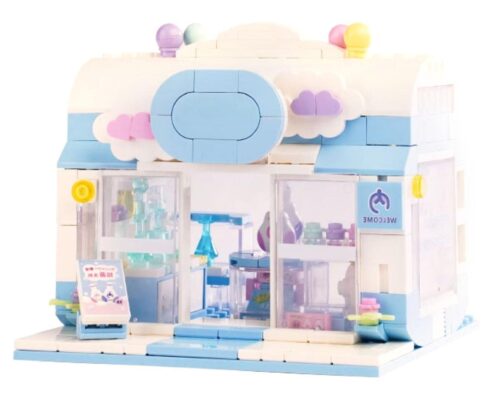 Mô hình hoàn thiện của bộ lắp ghép Cửa hàng giặt là Mây Mùa Hè ZHEGAO DS1027, một món đồ chơi xếp hình giá rẻ cho bé gái 6 tuổi.