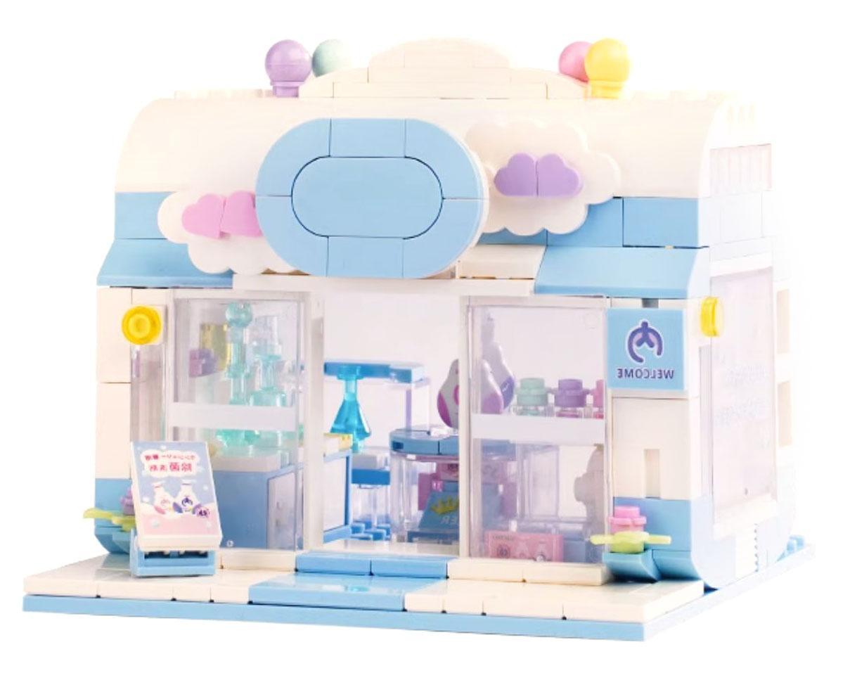 Mô hình hoàn thiện của bộ lắp ghép Cửa hàng giặt là Mây Mùa Hè ZHEGAO DS1027, một món đồ chơi xếp hình giá rẻ cho bé gái 6 tuổi.