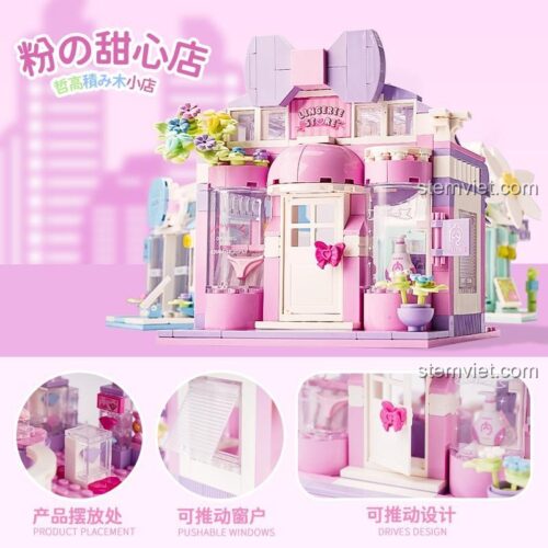 Các tính năng của đồ chơi mô hình Tiệm đồ lót xinh xắn ZHEGAO DS1028, có cửa sổ và cửa ra vào trượt.