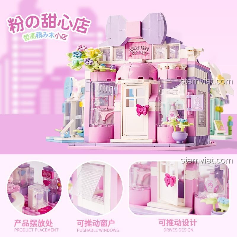 Các tính năng của đồ chơi mô hình Tiệm đồ lót xinh xắn ZHEGAO DS1028, có cửa sổ và cửa ra vào trượt.