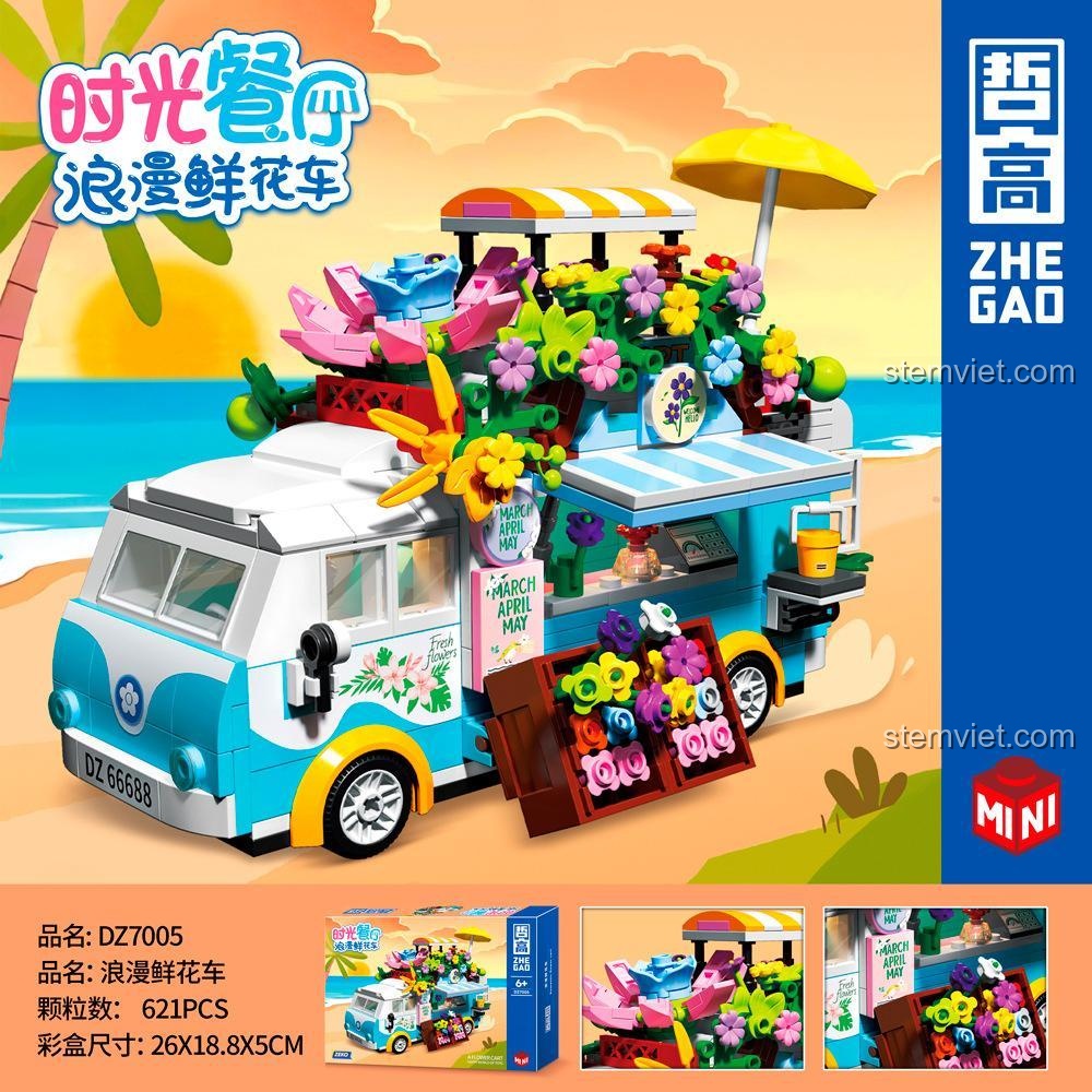 Tổng quan bộ lắp ghép ZHEGAO DZ7005 Xe Bán Hoa Lãng Mạn, bao gồm hộp và mô hình hoàn chỉnh.