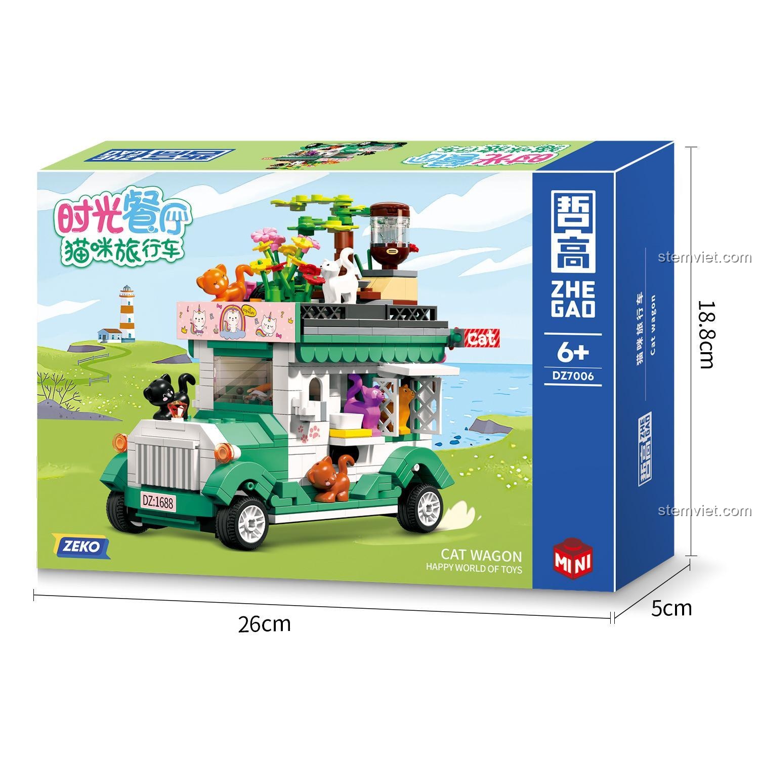 Thông tin chi tiết bộ đồ chơi ZHEGAO 7006 Xe tải mèo cưng, bao gồm kích thước hộp, kích thước mô hình và các góc nhìn sản phẩm.