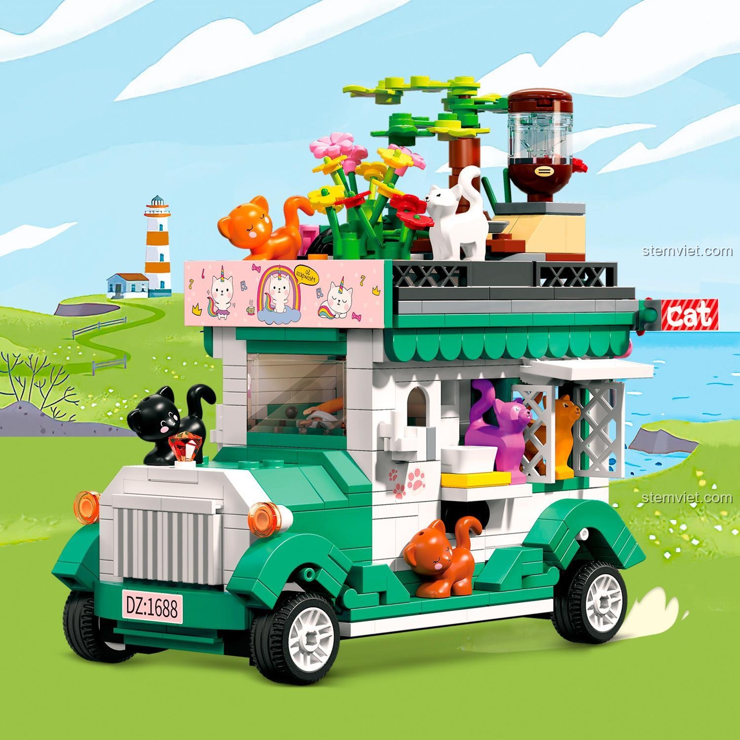 Hộp sản phẩm đồ chơi mô hình ZHEGAO DZ7006 Cửa hàng mèo di động, món quà sinh nhật ý nghĩa cho bé gái.