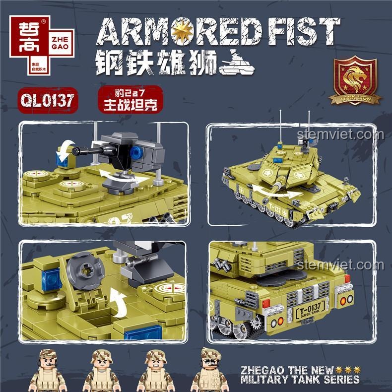 Đồ chơi xếp hình ZHEGAO QL0137 mô hình xe tăng Leopard 2A7 với các tính năng tháp pháo xoay, nòng pháo nâng hạ.