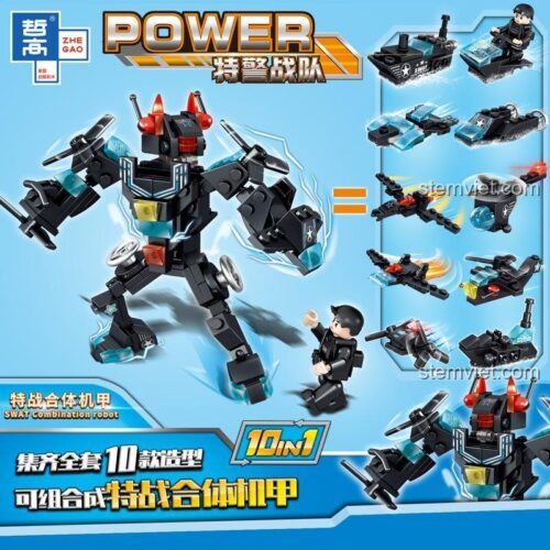 Đồ chơi mô hình ZHEGAO QL0255, lắp được 10 xe và 1 robot Mecha cảnh sát đặc nhiệm, quà tặng cho con trai.