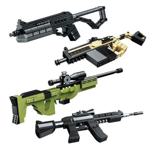 Bộ lắp ráp 4 súng mini Zhegao QL1274, bao gồm súng AWM, KRISS, M4 và BISON. Đồ chơi mô hình súng bắn đạn nhựa cho bé trai 6 tuổi, giá rẻ.