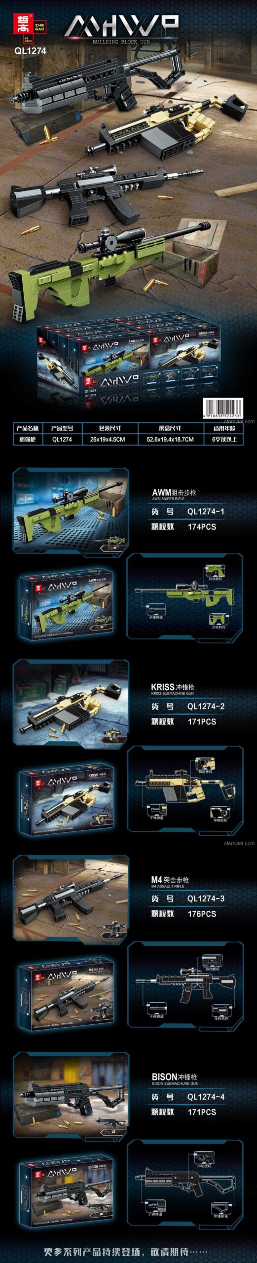 Poster chi tiết bộ đồ chơi Zhegao QL1274, mô tả 4 mẫu súng AWM, KRISS, M4, BISON và số mảnh ghép. Lựa chọn tuyệt vời cho bé trai yêu thích súng.