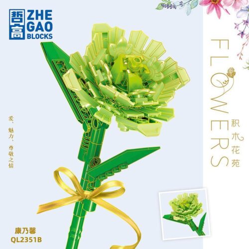 Bộ lắp ghép Hoa Cẩm Chướng ZHEGAO QL2351B màu xanh lá, món quà giá rẻ cho bé gái 6 tuổi yêu thích sự sáng tạo.