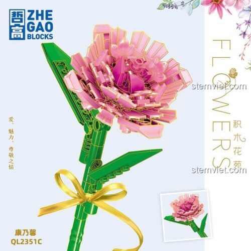 Hộp bộ lắp ghép Hoa Cẩm Chướng ZHEGAO QL2351C màu hồng, đồ chơi xếp hình cho bé gái 6 tuổi, chất lượng cao.