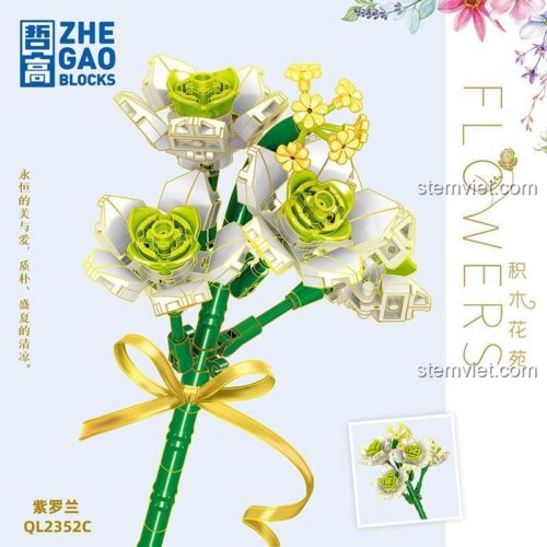 ZHEGAO QL2352C bó hoa violet xếp hình màu trắng, thiết kế tinh xảo, đồ chơi mô hình cho bé gái, giá tiết kiệm.