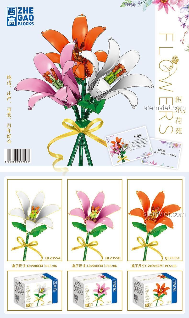 Cac mau hoa bach hop ZHEGAO QL2355B, bo lap rap hoa lily 86 chi tiet, do choi trang tri tiet kiem