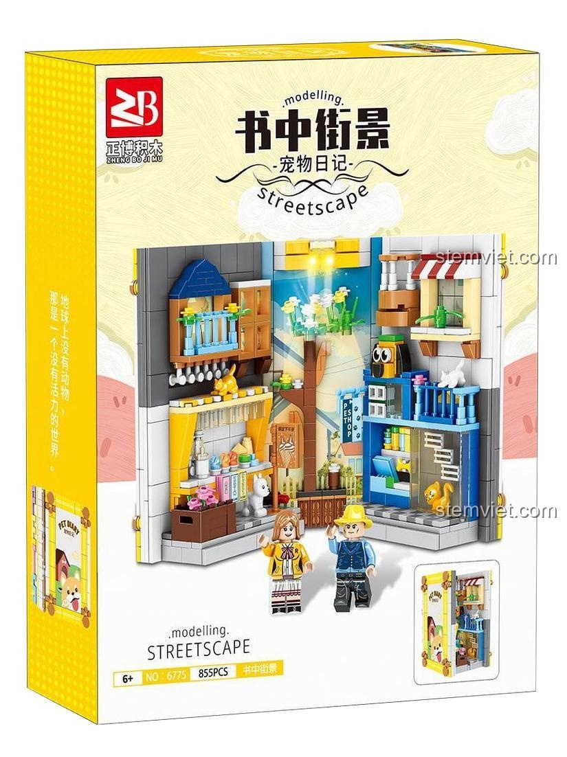 Ảnh hộp sản phẩm đồ chơi mô hình Book nook Nhật ký thú cưng 6775 của Zhenbo, với 855 mảnh ghép và 2 minifigures, là món quà sáng tạo giá tốt.