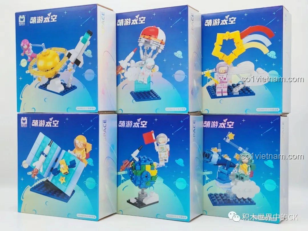 Sáu hộp nhỏ riêng biệt của bộ đồ chơi lắp ráp Phi Hành Gia Mèo Con Du Hành Vũ Trụ WISE BLOCK HA390213, mỗi hộp chứa một mô hình và phi hành gia khác nhau.