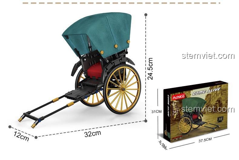 Kích thước thực tế của mô hình và hộp đồ chơi AchKo 50014 xe kéo tay.