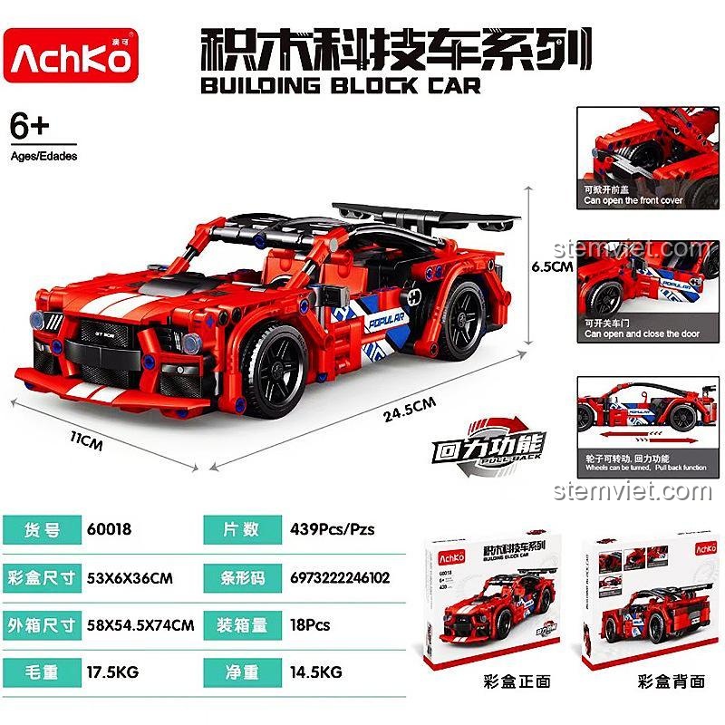 Hộp đồ chơi AchKo 60018 Xe đua Ford Mustang với tính năng kéo lùi, mở cửa, mở nắp capo, kích thước chi tiết, phù hợp bé trai 6 tuổi.