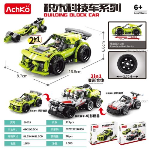 Hộp bộ lắp ghép AchKo 60035 Xe đua biến hình 2 trong 1, thể hiện kích thước mô hình và tính năng kéo lùi, phù hợp bé trai 6 tuổi.