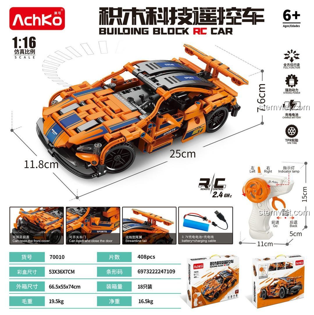 Thông số kỹ thuật của bộ đồ chơi mô hình xe đua RC AchKo 70010 với 408 chi tiết.