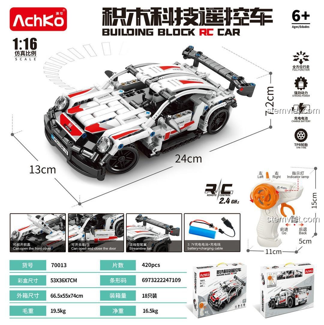 Thông số kỹ thuật và tính năng điều khiển từ xa của bộ xếp hình AchKo 70013 xe đua Porsche 911 GT3 RS.